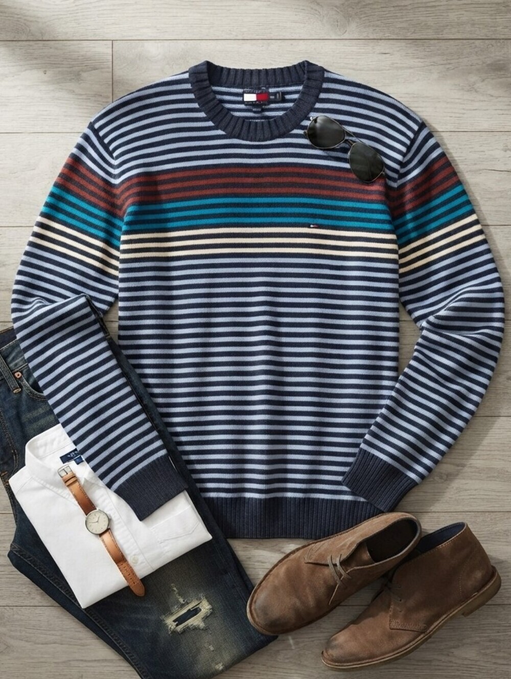 Vintage Tommy Hilfiger Navy White Red Striped Knit Cotton Sweater